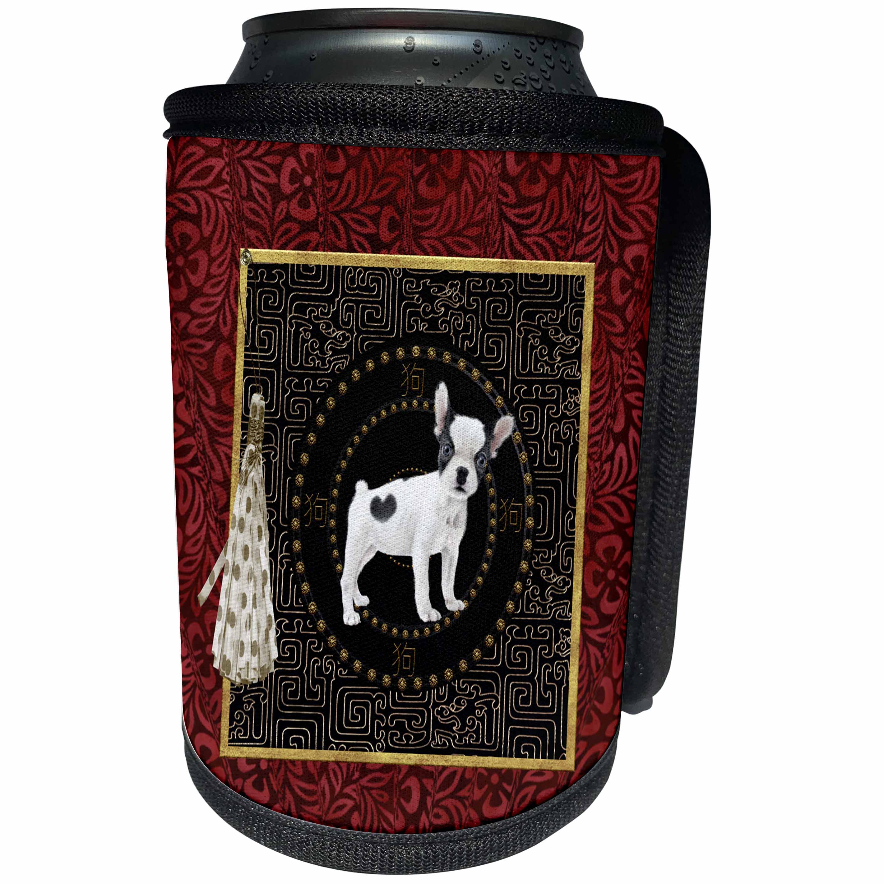 3dRose Beverly Turner Chinese New Year Design - Jack Russell Terriers, Round Shape, Sign Chinese, Tassel, Dots, Leaves - Can Cooler Bottle Wrap (cc_272653)