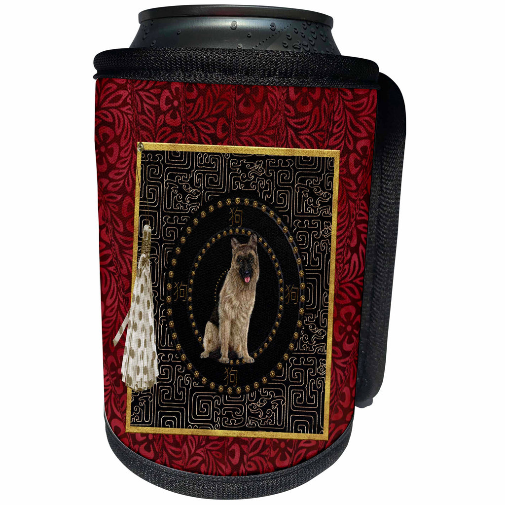 3dRose Beverly Turner Chinese New Year Design - German Shepard, Round Shape, Sign of Dog in Chinese, Tassel with Dots - Can Cooler Bottle Wrap (cc_272655)