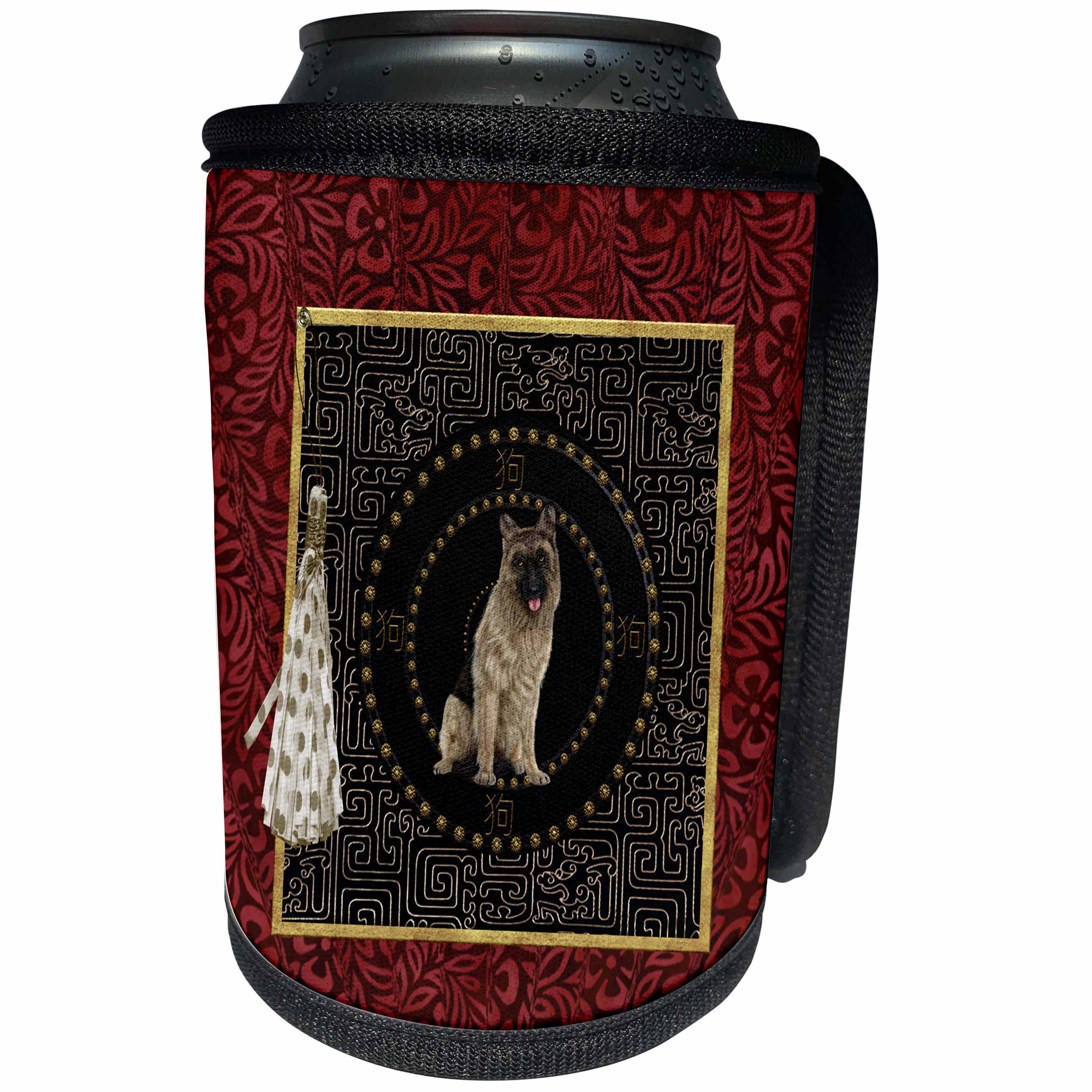 3dRose Beverly Turner Chinese New Year Design - German Shepard, Round Shape, Sign of Dog in Chinese, Tassel with Dots - Can Cooler Bottle Wrap (cc_272655)