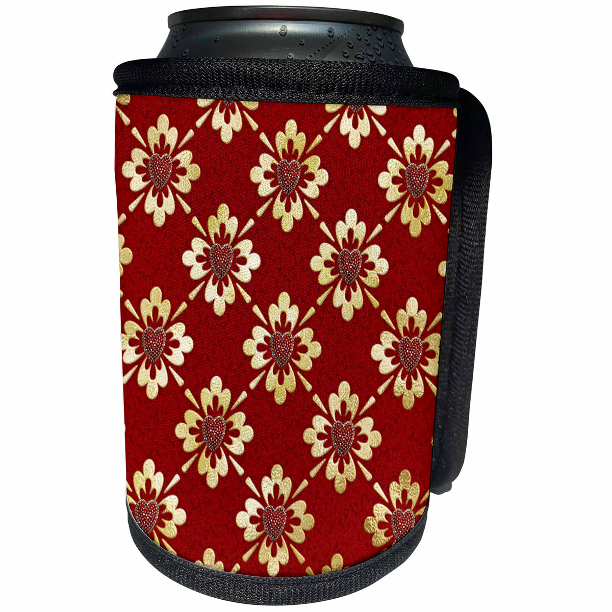 3dRose Beverly Turner Heart Design - Jeweled Heart Look inside Gold Flowers, Red - Can Cooler Bottle Wrap (cc_272664)