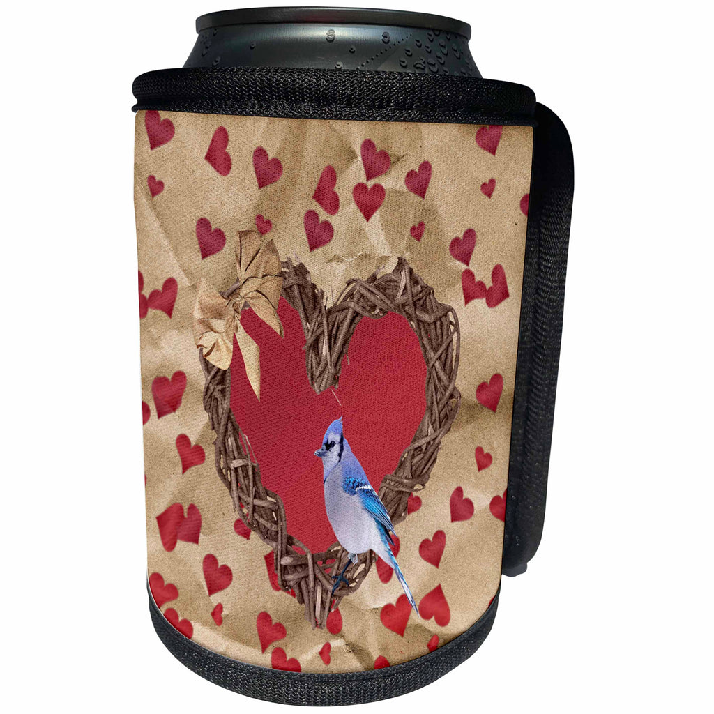 3dRose Beverly Turner Heart Design - Blue Jay on Wooden Heart Wreath with Bow, Scattered Red Hearts - Can Cooler Bottle Wrap (cc_272665)
