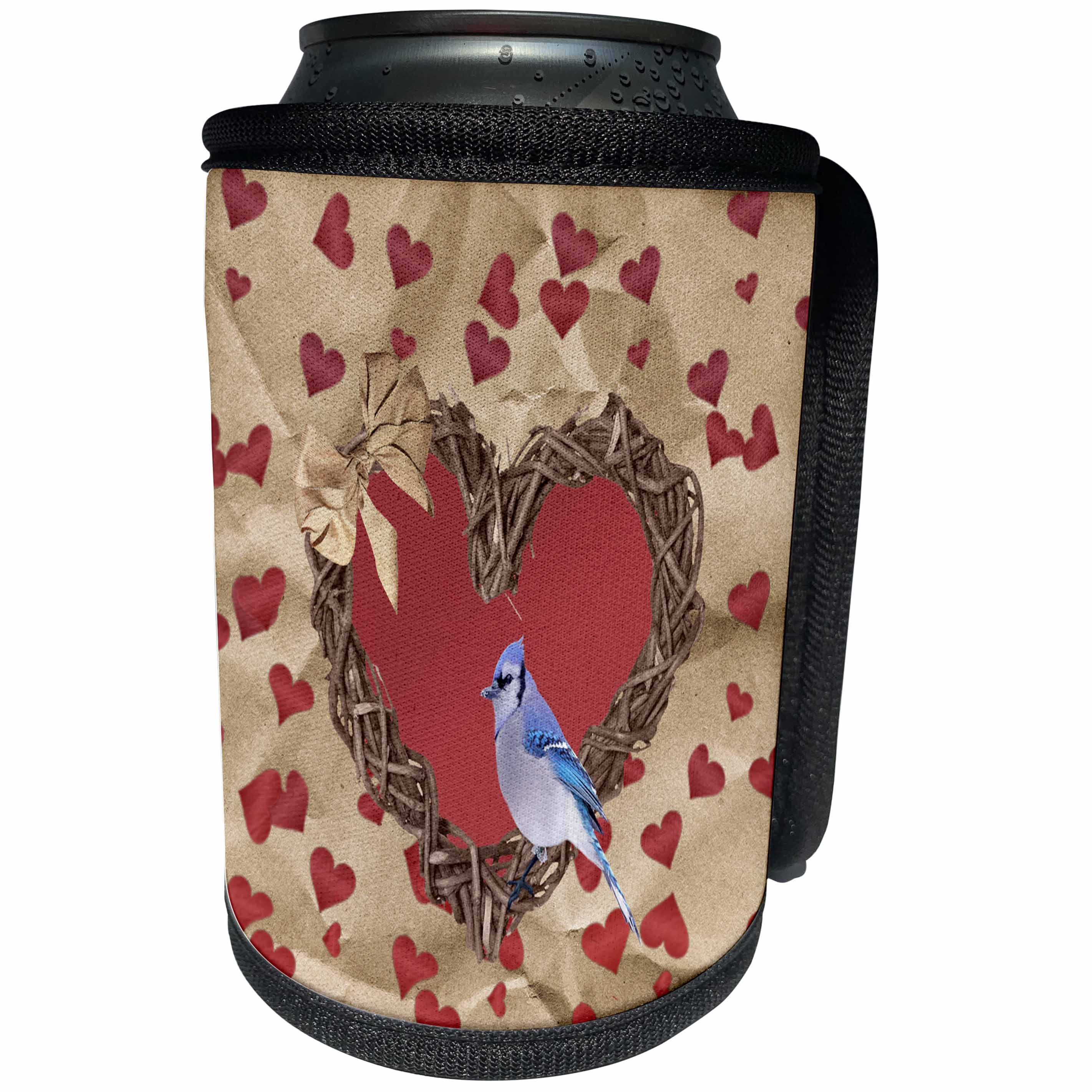 3dRose Beverly Turner Heart Design - Blue Jay on Wooden Heart Wreath with Bow, Scattered Red Hearts - Can Cooler Bottle Wrap (cc_272665)