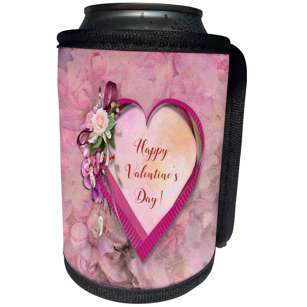 3dRose Beverly Turner Valentine Design - Pretty Ribbon Heart, Flowers, Happy Valentines Day, Flower Background - Can Cooler Bottle Wrap (cc_272666)