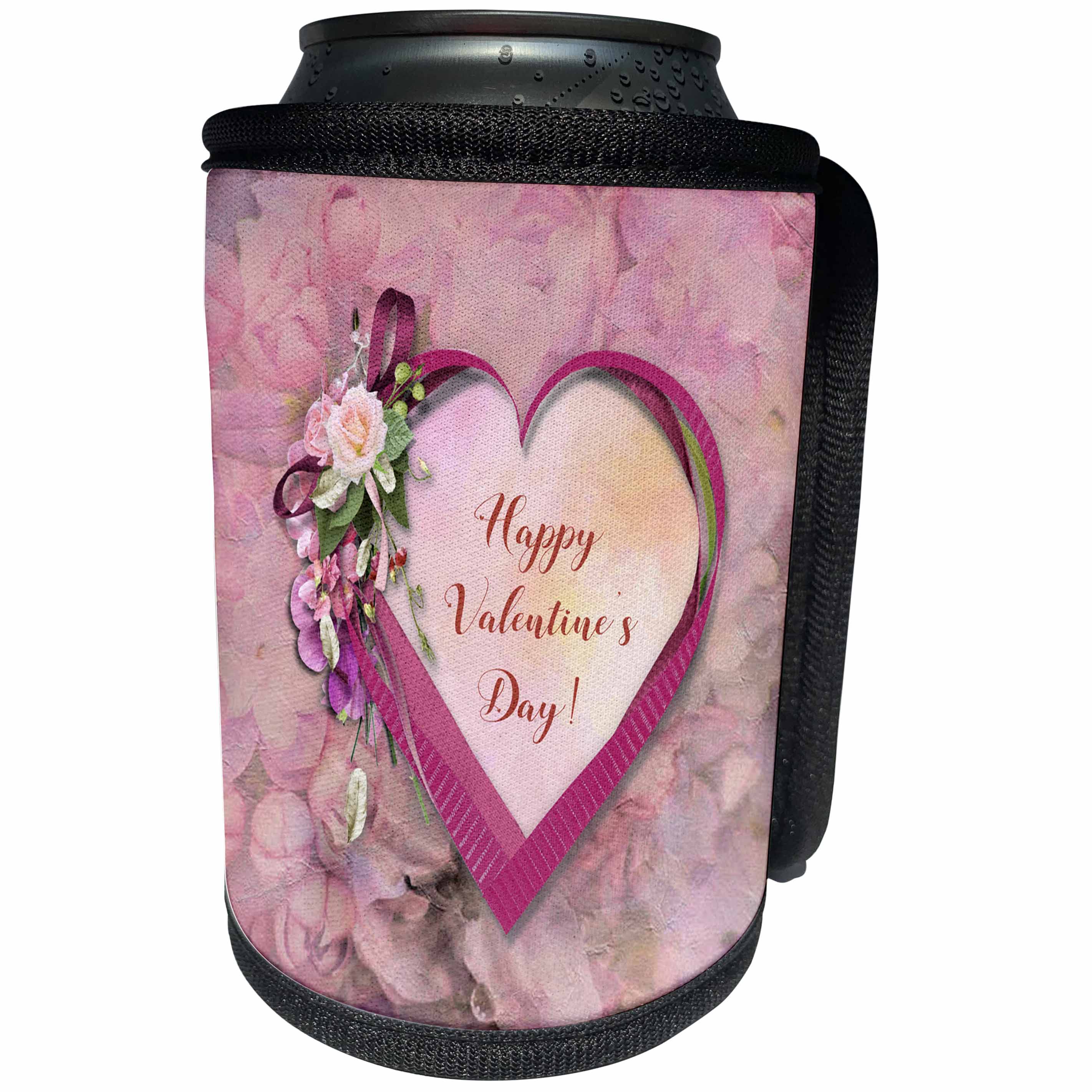 3dRose Beverly Turner Valentine Design - Pretty Ribbon Heart, Flowers, Happy Valentines Day, Flower Background - Can Cooler Bottle Wrap (cc_272666)