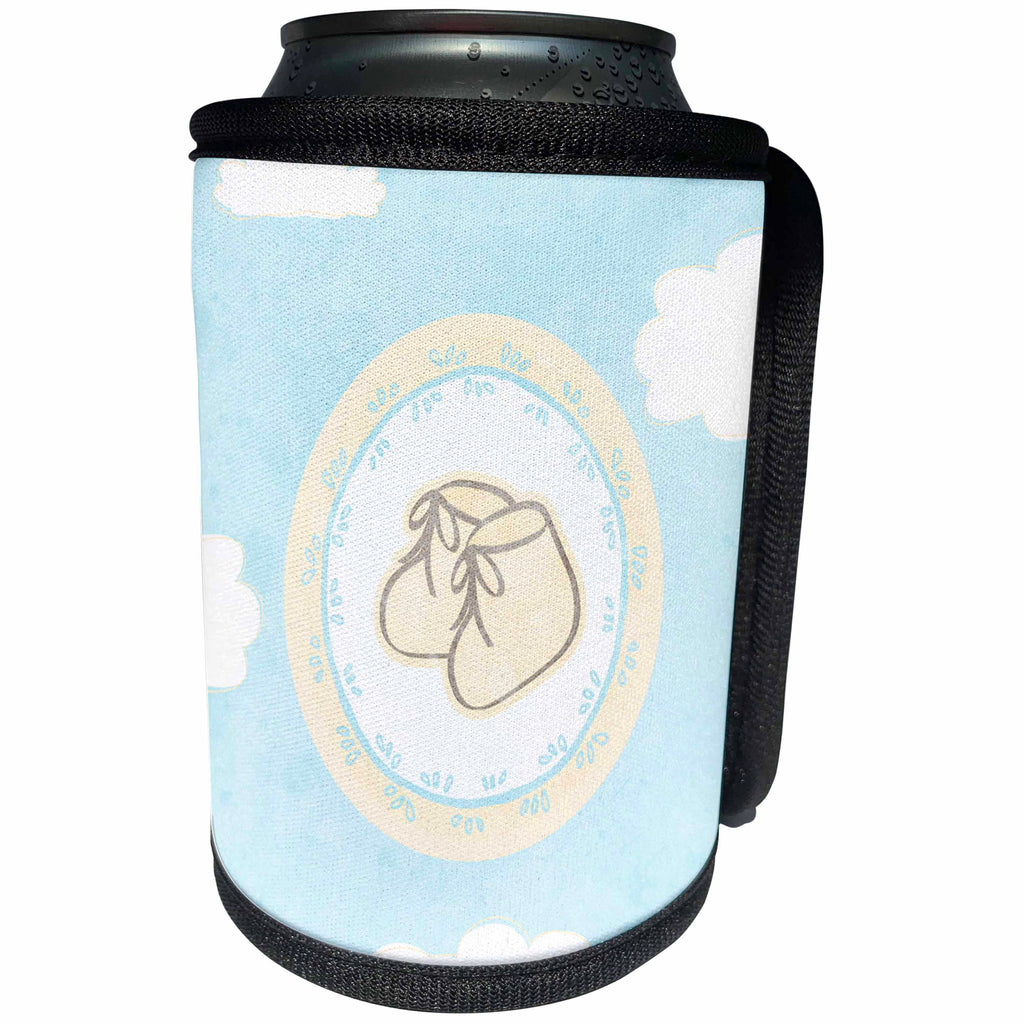 3dRose Beverly Turner Baby Design - Baby Shoes, Circle of Leaves, Clouds Background, Blue and Yellow - Can Cooler Bottle Wrap (cc_272676)