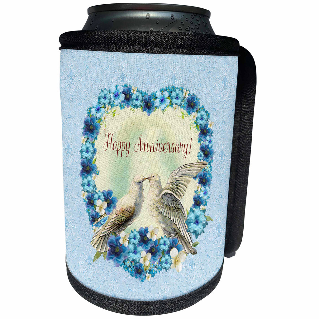 3dRose Beverly Turner Anniversary Design - Love Birds on Beautiful Blue Flowers, Heart Shape, Happy Anniversary - Can Cooler Bottle Wrap (cc_272684)