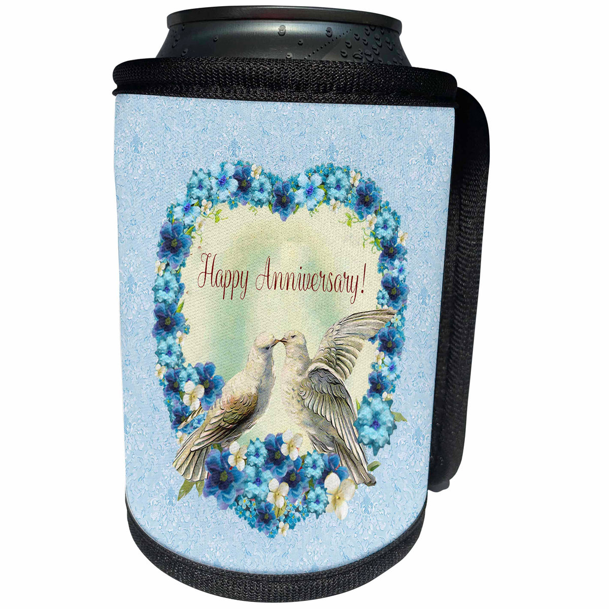 3dRose Beverly Turner Anniversary Design - Love Birds on Beautiful Blue Flowers, Heart Shape, Happy Anniversary - Can Cooler Bottle Wrap (cc_272684)