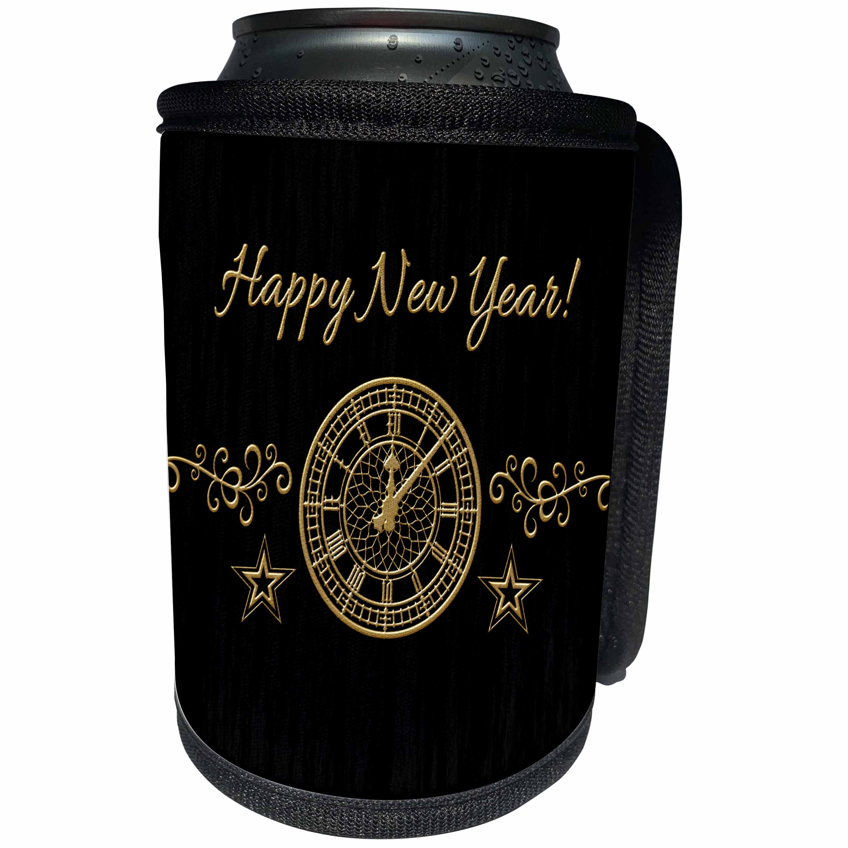 3dRose Beverly Turner New Years Design - Happy New Year, Clock, Vines, and Stars, Gold and Black - Can Cooler Bottle Wrap (cc_272696)