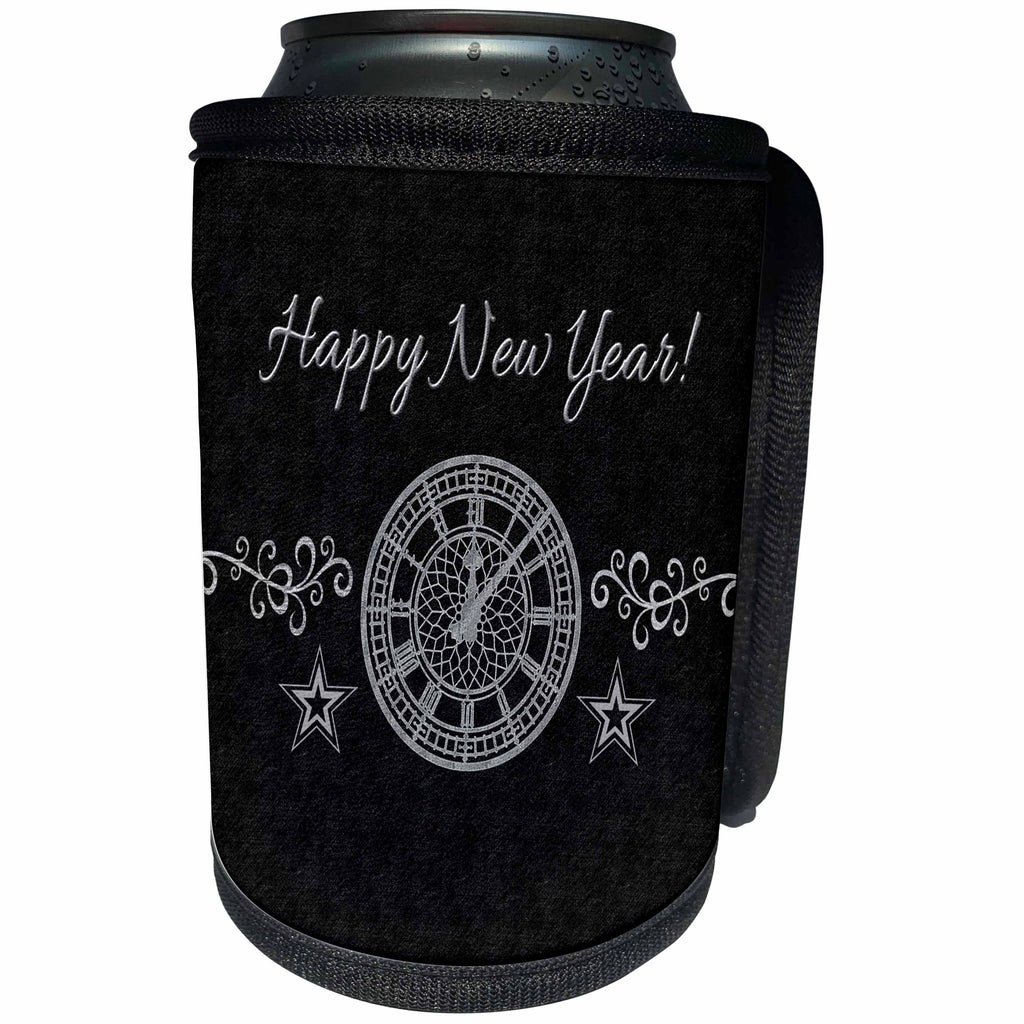 3dRose Beverly Turner New Years Design - Happy New Year, Clock, Vines, and Stars, Silver and Black - Can Cooler Bottle Wrap (cc_272697)