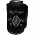 3dRose Beverly Turner New Years Design - Happy New Year, Clock, Vines, and Stars, Silver and Black - Can Cooler Bottle Wrap (cc_272697)