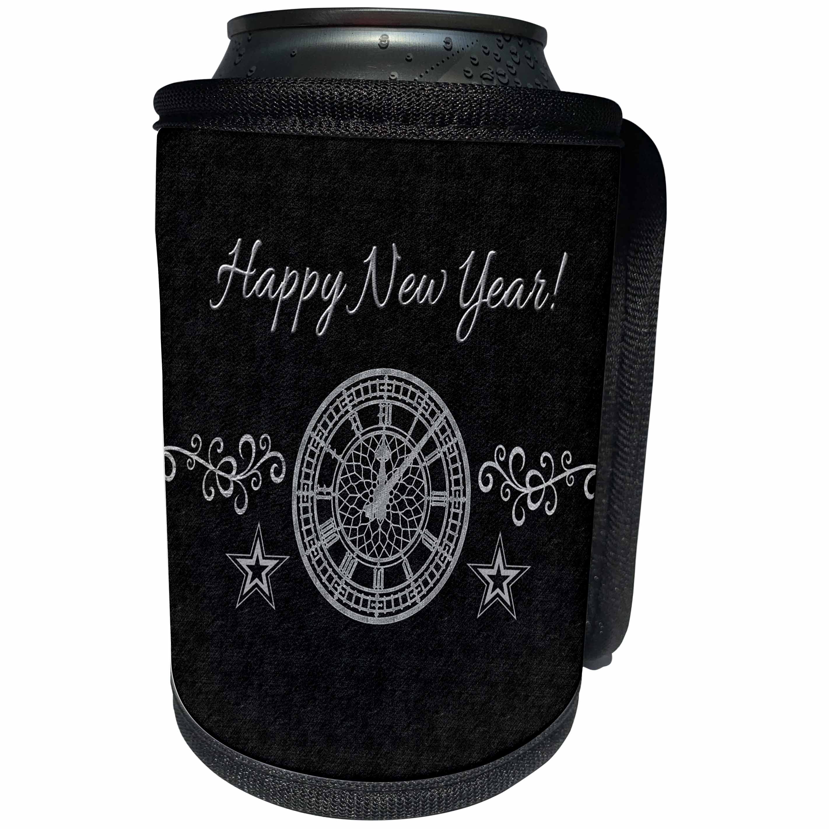 3dRose Beverly Turner New Years Design - Happy New Year, Clock, Vines, and Stars, Silver and Black - Can Cooler Bottle Wrap (cc_272697)