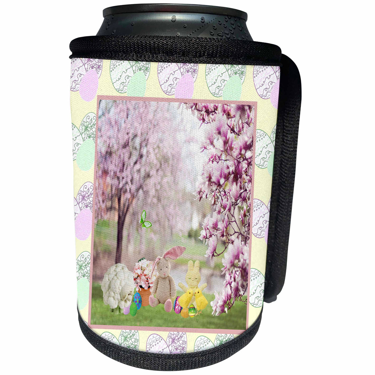 3dRose Beverly Turner Easter Design and Photography - Bunnies, Lamb, and Easter Eggs in a Apple Blossom Trees Landscape - Can Cooler Bottle Wrap (cc_272698)