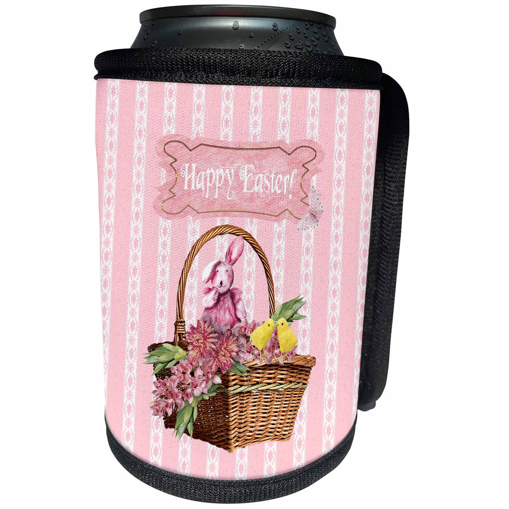 3dRose Beverly Turner Easter Design and Photography - Bunny Rabbit and Chicks in Basket of Pink Flowers, Happy Easter - Can Cooler Bottle Wrap (cc_272699)