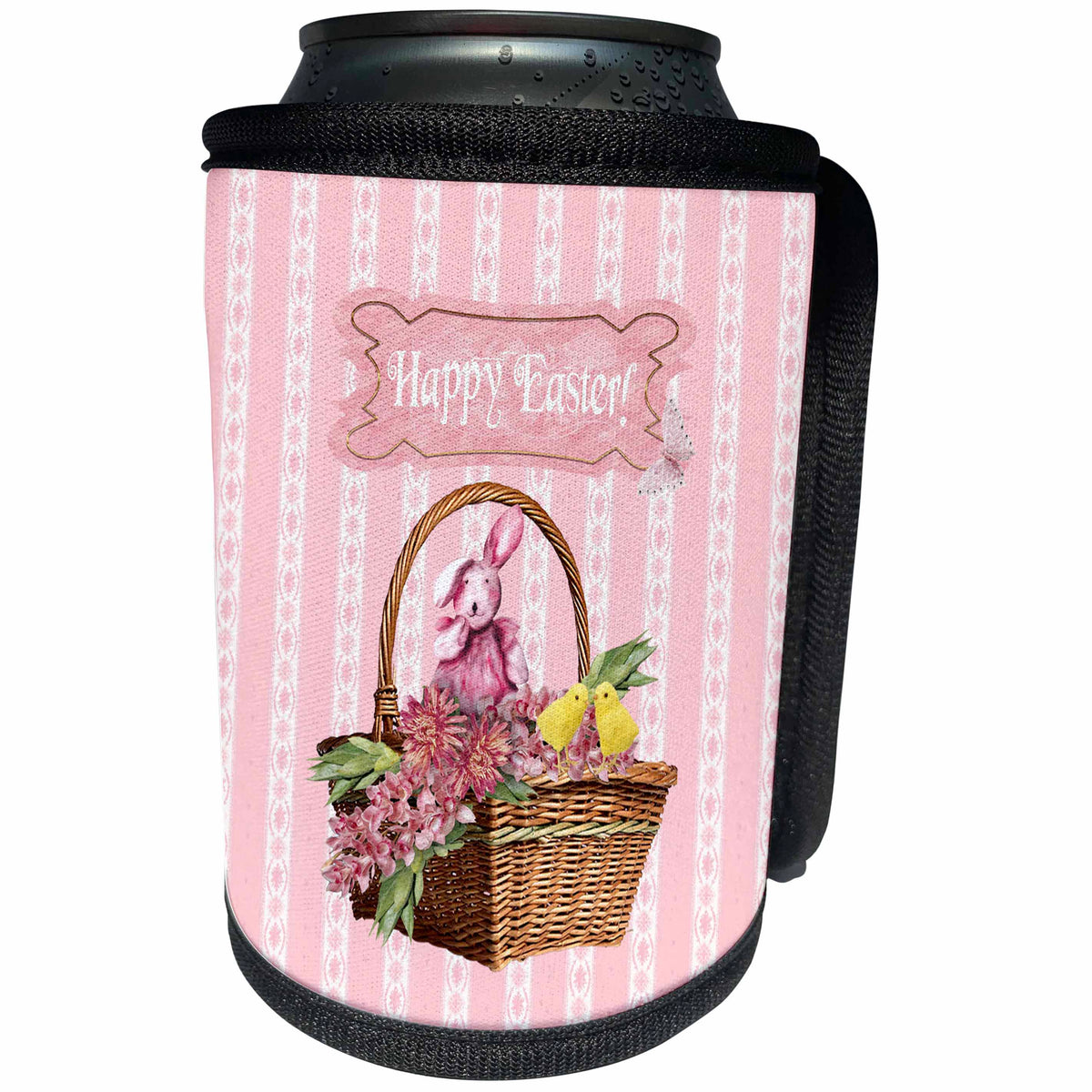 3dRose Beverly Turner Easter Design and Photography - Bunny Rabbit and Chicks in Basket of Pink Flowers, Happy Easter - Can Cooler Bottle Wrap (cc_272699)