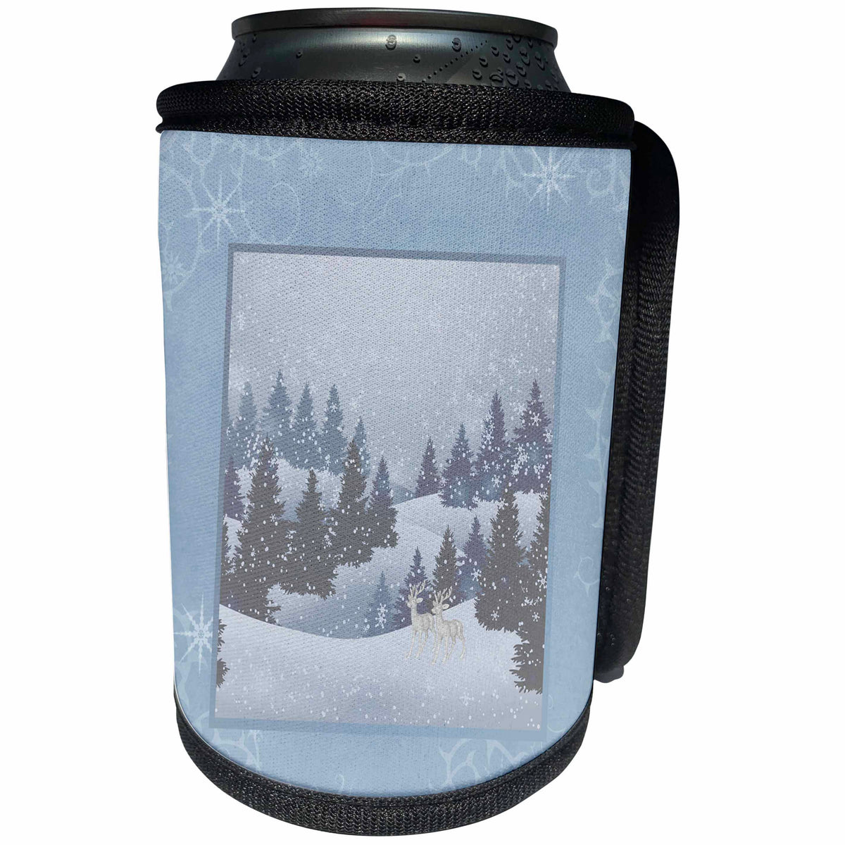 3dRose Beverly Turner Christmas Design - Deer in the Winter, Blue Frame, Snowflakes - Can Cooler Bottle Wrap (cc_272715)