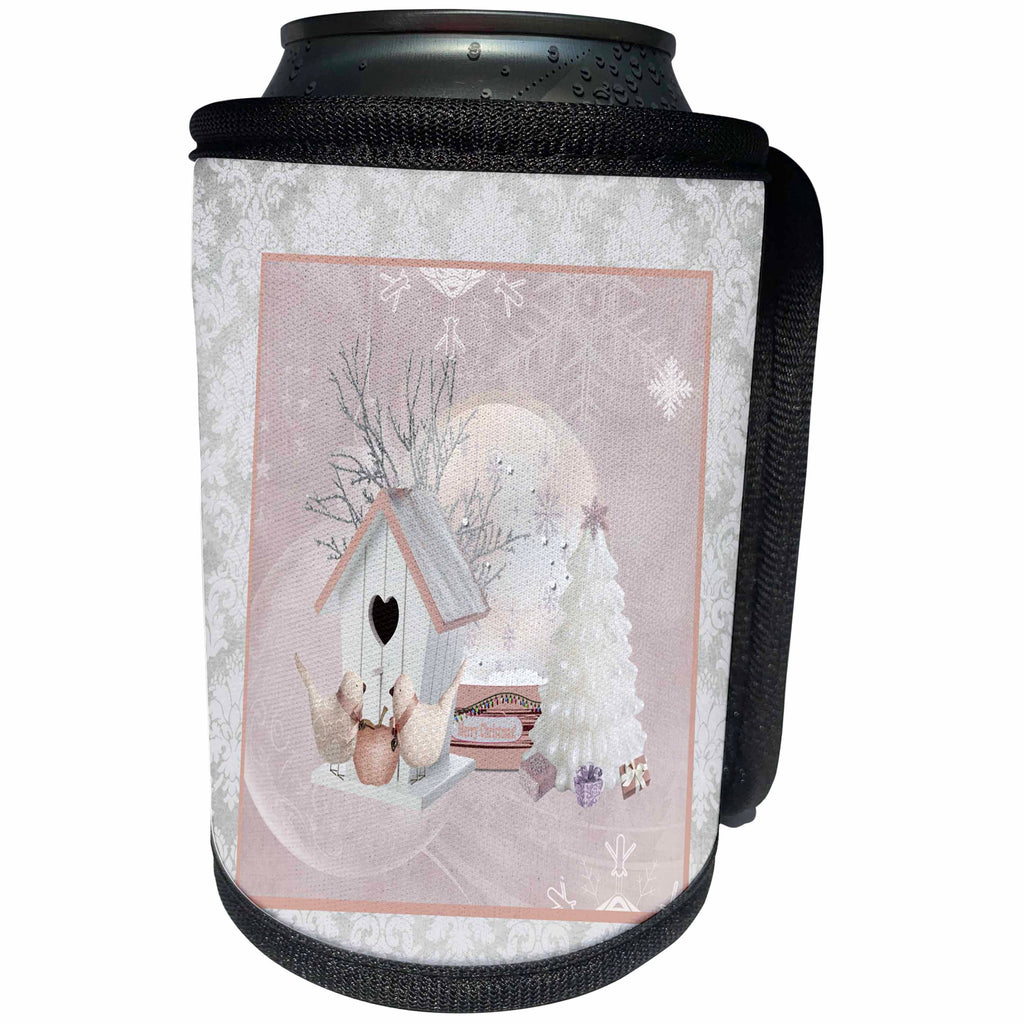 3dRose Beverly Turner Christmas Design - Pink Birds at Birdhouse, White Christmas Tree, Gifts, Merry Christmas - Can Cooler Bottle Wrap (cc_272716)