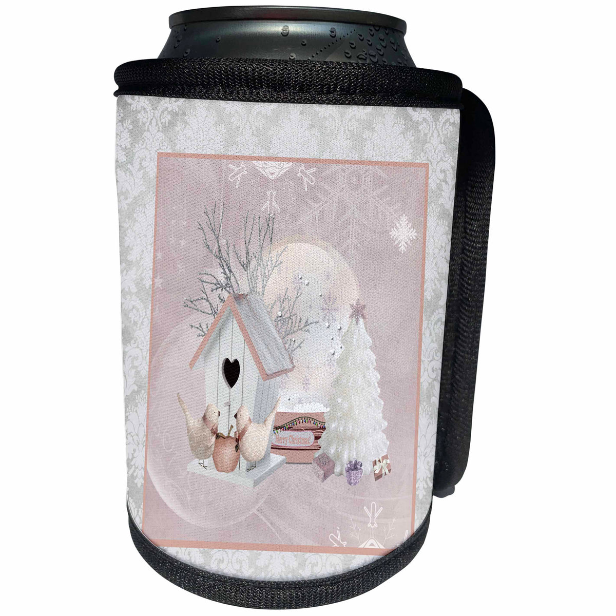 3dRose Beverly Turner Christmas Design - Pink Birds at Birdhouse, White Christmas Tree, Gifts, Merry Christmas - Can Cooler Bottle Wrap (cc_272716)