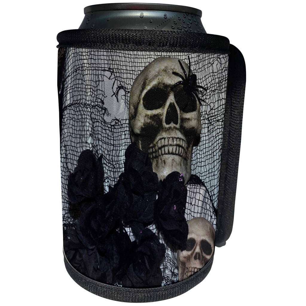 3dRose WhiteOaks Halloween Skulls - Skull and Spider Skull with Spider on it - Can Cooler Bottle Wrap (cc_27273)