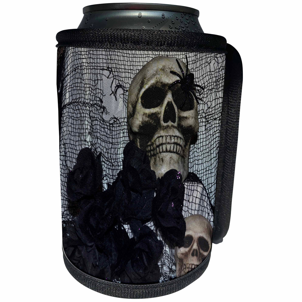 3dRose WhiteOaks Halloween Skulls - Skull and Spider Skull with Spider on it - Can Cooler Bottle Wrap (cc_27273)