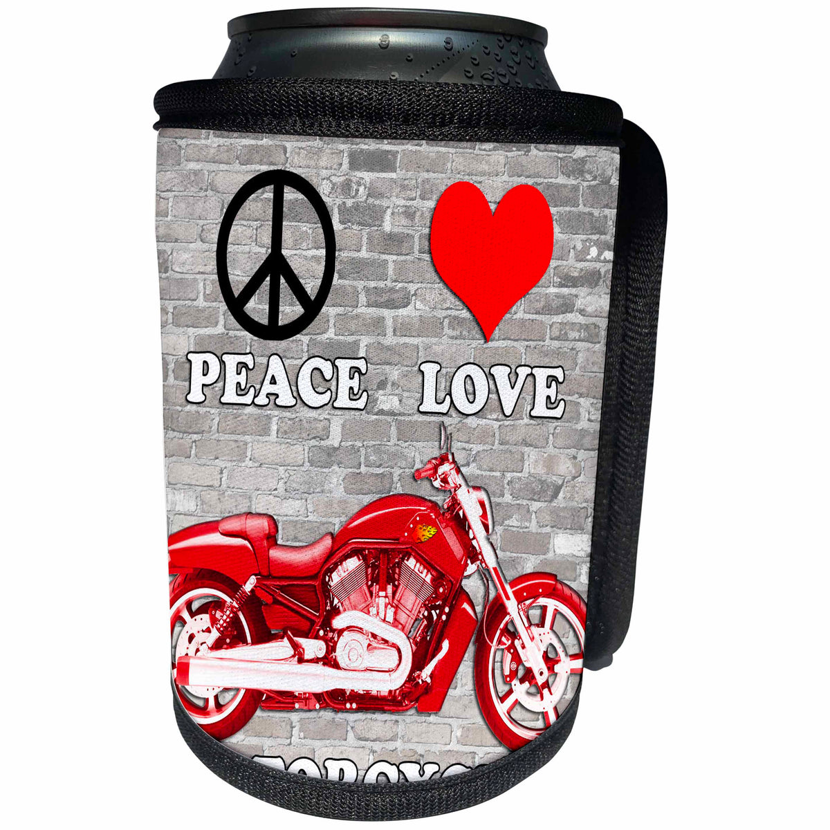 3dRose RinaPiro Biker Sayings - Peace Love Motorcycles. - Can Cooler Bottle Wrap (cc_272741)