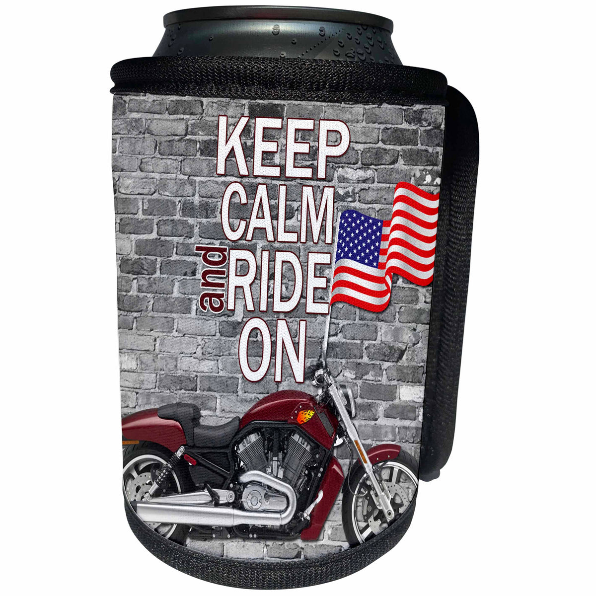 3dRose RinaPiro Biker Sayings - Keep calm and ride on. American flag. - Can Cooler Bottle Wrap (cc_272742)