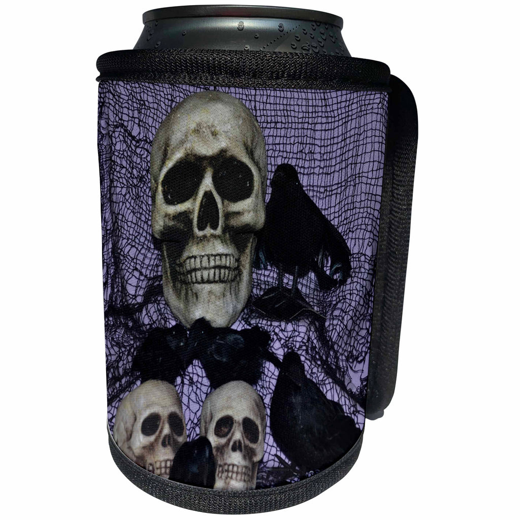 3dRose WhiteOaks Halloween Skulls - Skull and Ravens Skulls with Ravens by them - Can Cooler Bottle Wrap (cc_27278)