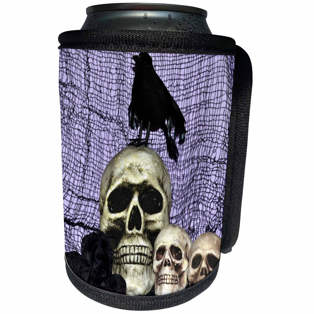 3dRose WhiteOaks Halloween Skulls - Skull and Raven032 Raven on top of skull - Can Cooler Bottle Wrap (cc_27279)
