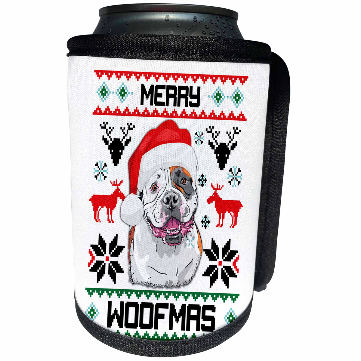 3dRose Carsten Reisinger - Illustrations - Merry Woofmas American Bulldog Dog Gift - Can Cooler Bottle Wrap (cc_272796)