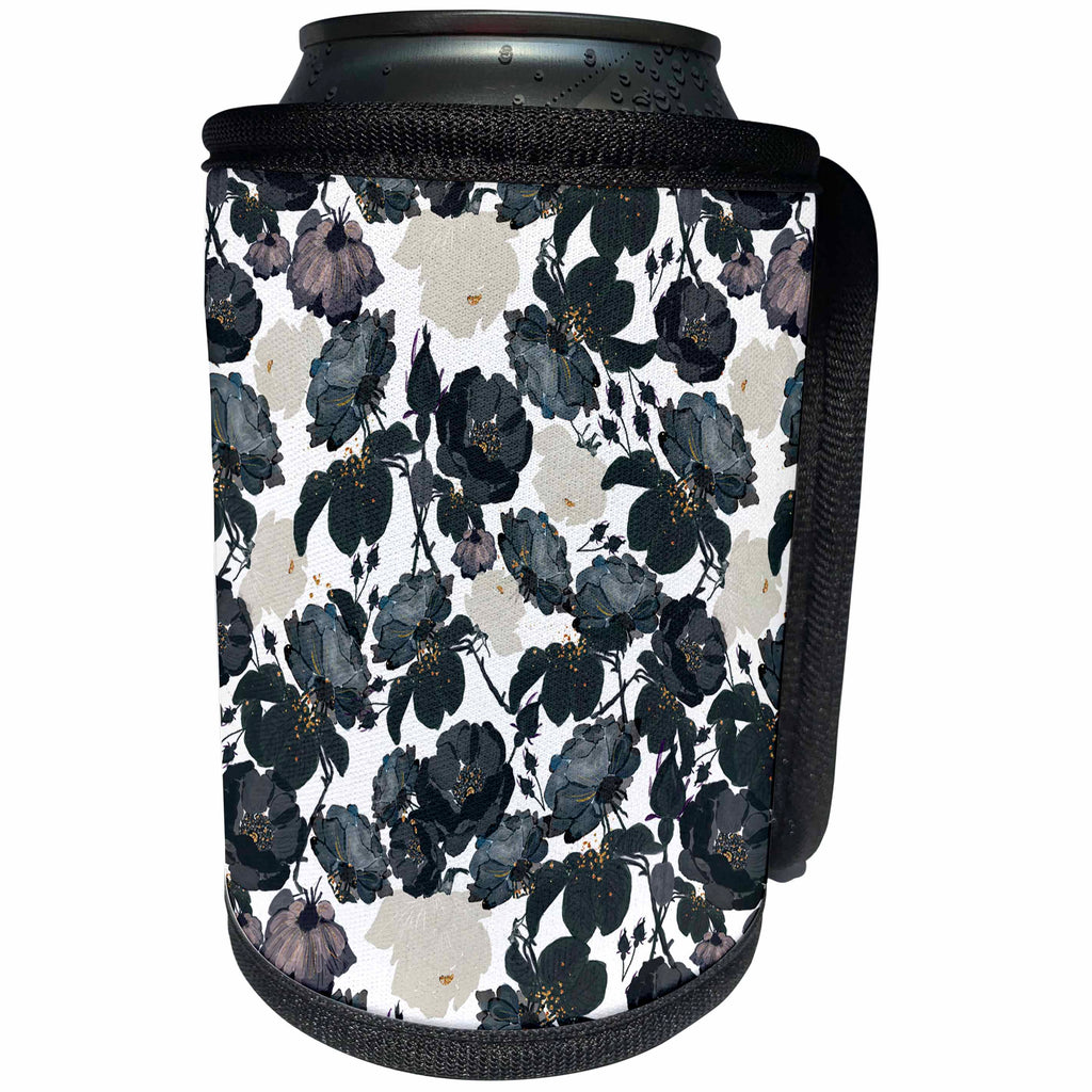 3dRose Uta Naumann Pattern - Floral Scandinavian Boho Flower Glitter Pattern in Black and White - Can Cooler Bottle Wrap (cc_272872)