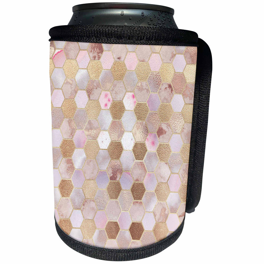 3dRose Uta Naumann Faux Glitter Pattern - Abstract Trendy Rose Gold Geometrical Copper Marble Honey Comb Pattern - Can Cooler Bottle Wrap (cc_272895)