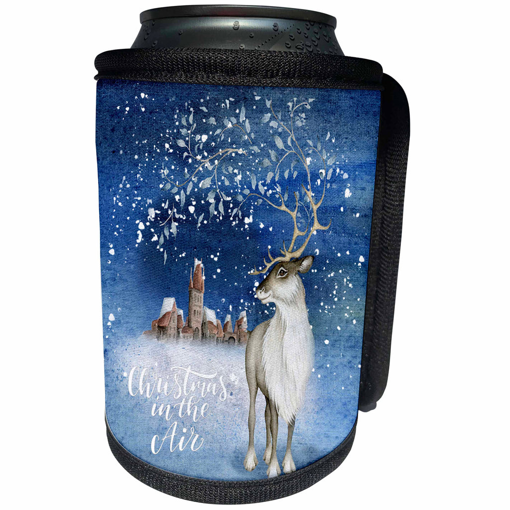3dRose Uta Naumann Watercolor Illustration Animal - Winter Is In the Air-Christmas Deer with Blossoming Antlers in Winter - Can Cooler Bottle Wrap (cc_272899)