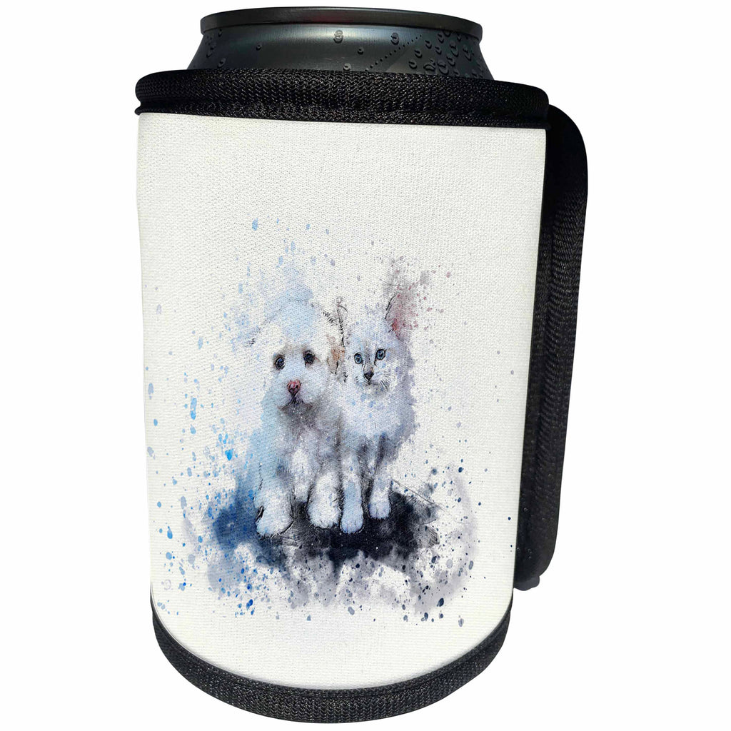3dRose Uta Naumann Watercolor Illustration Animal - Trendy Cute White Fluffy Animal White Cats Watercolor Illustration - Can Cooler Bottle Wrap (cc_272912)