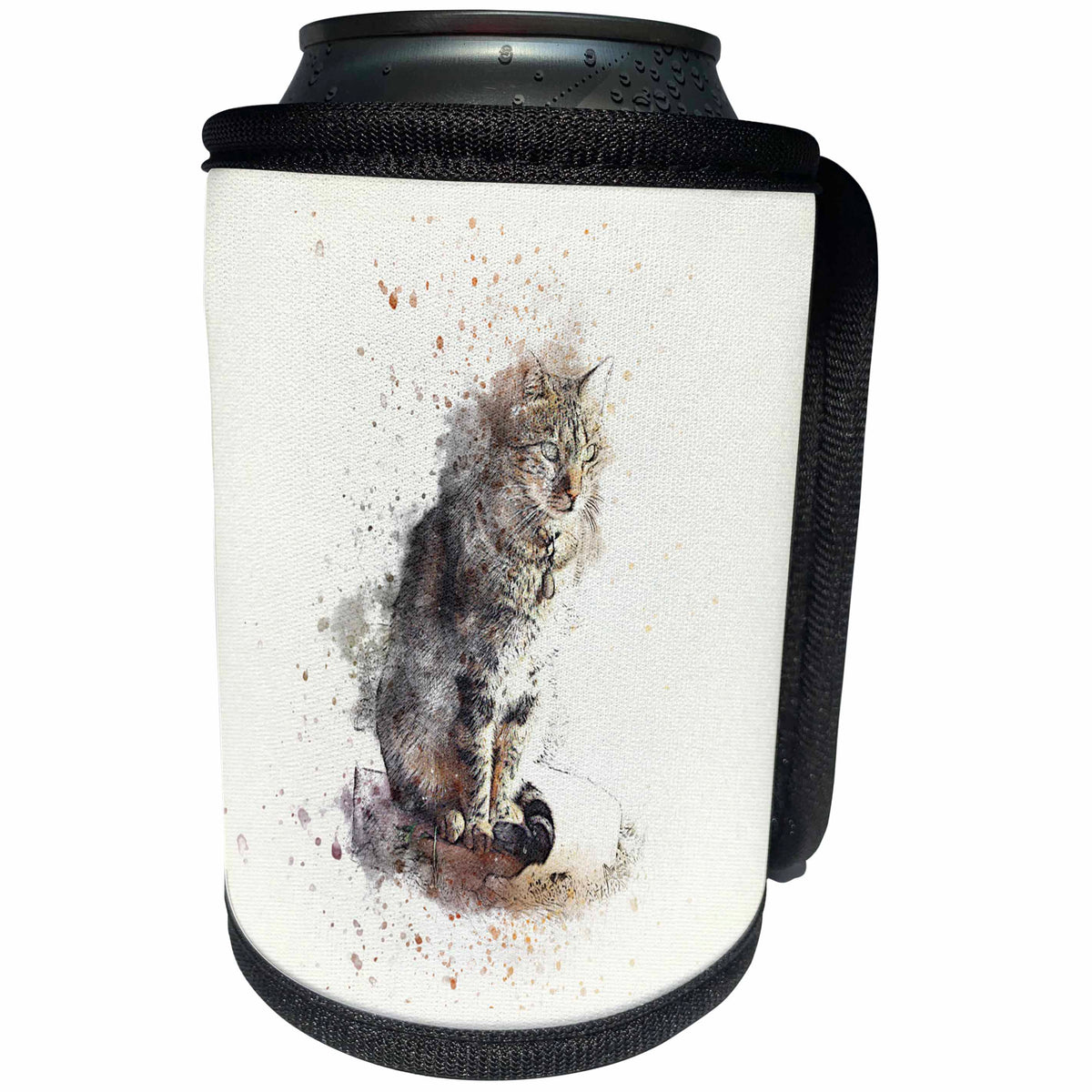 3dRose Uta Naumann Watercolor Illustration Animal - Trendy Cute Grey Fluffy Animal Tiger Cat Watercolor Illustration - Can Cooler Bottle Wrap (cc_272914)
