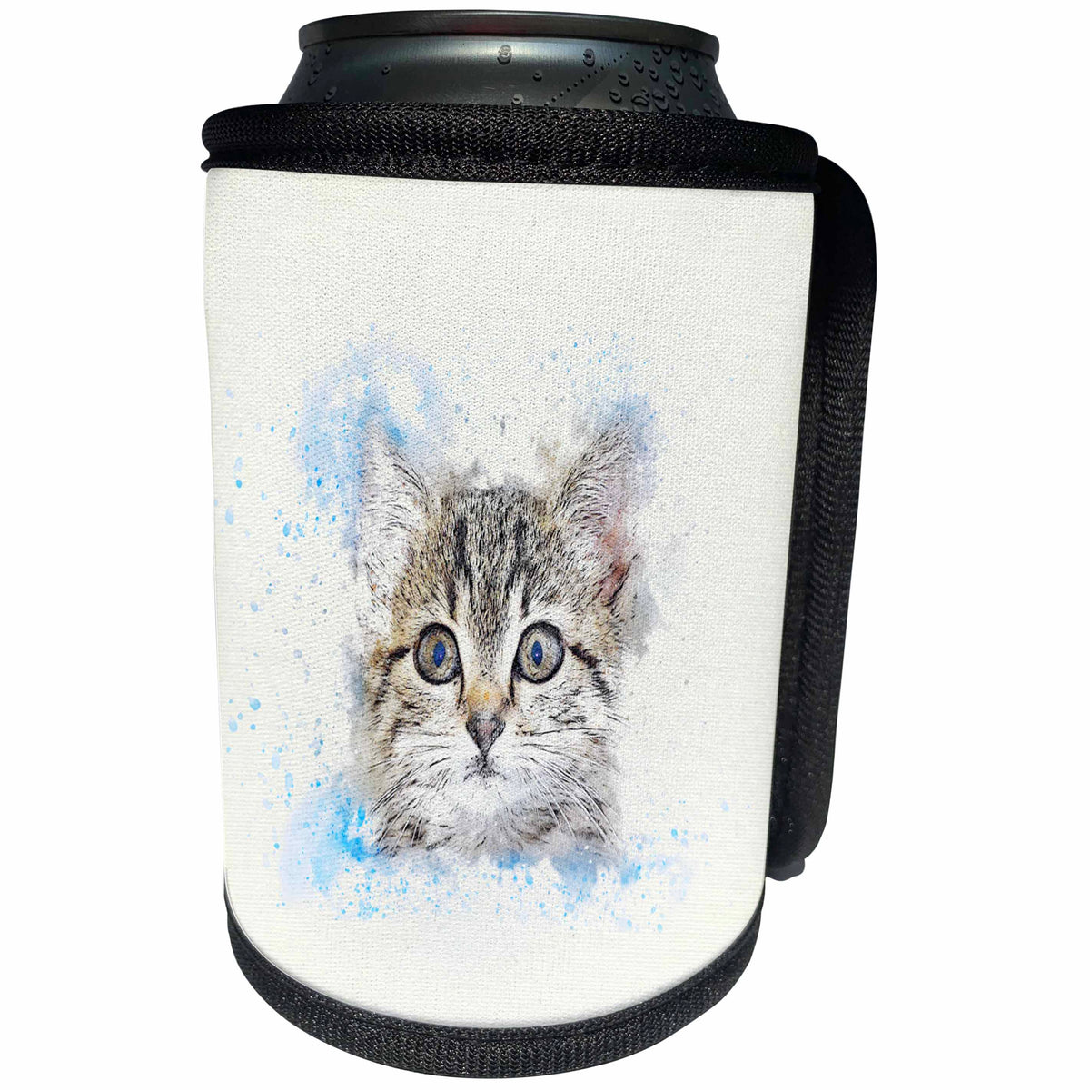 3dRose Uta Naumann Watercolor Illustration Animal - Trendy Cute Gray Fluffy Animal Kitten Portrait Watercolor Illustration - Can Cooler Bottle Wrap (cc_272916)