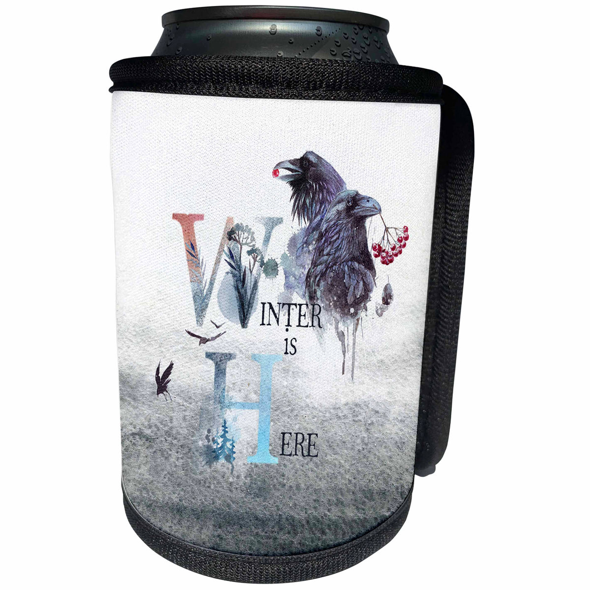 3dRose Uta Naumann Sayings and Typography - Winter is Here-Stylish Winter Animal Bird Crow Illustration Typography - Can Cooler Bottle Wrap (cc_272927)