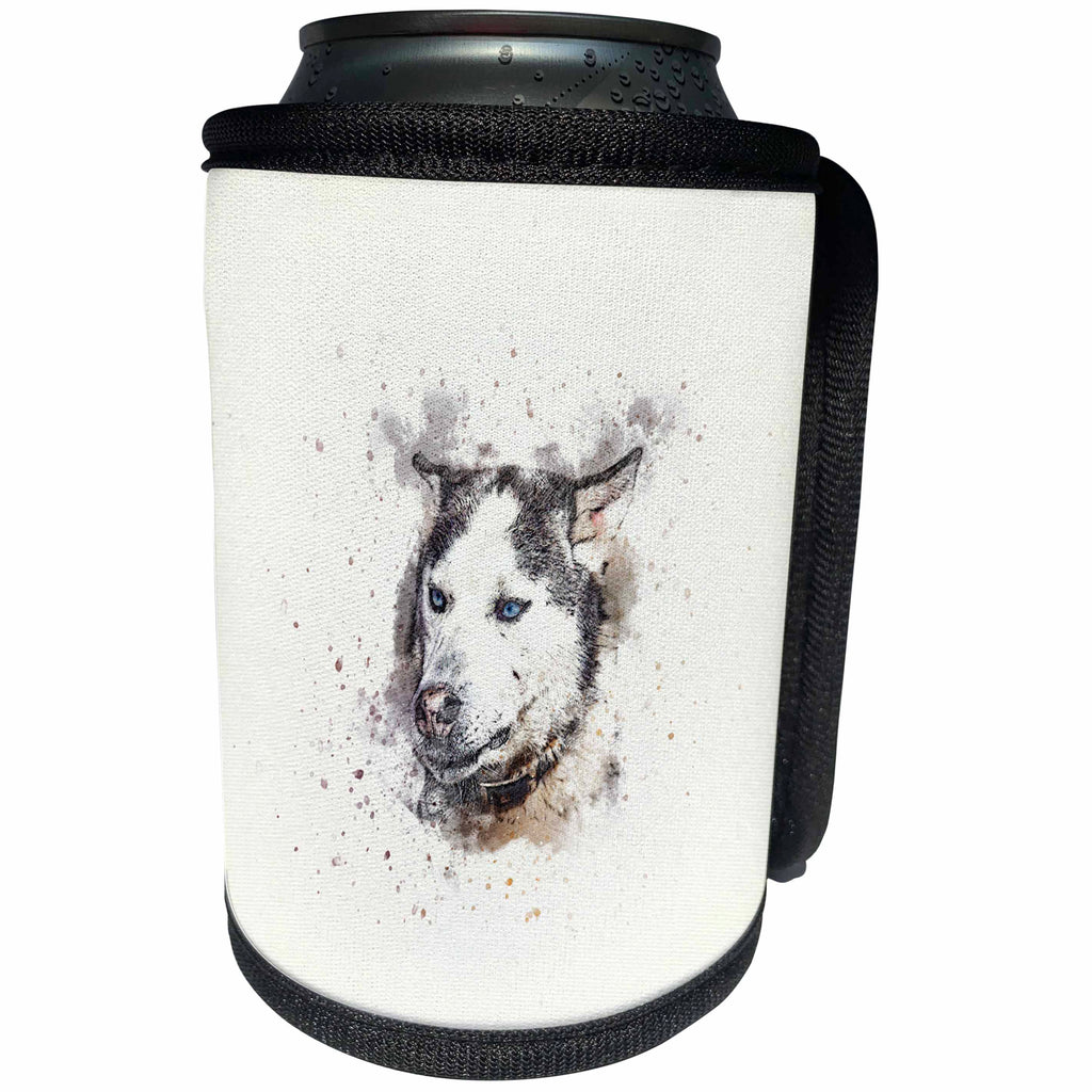 3dRose Uta Naumann Watercolor Illustration Animal - Trendy Cute Animal Dog Watercolor Illustration-Husky - Can Cooler Bottle Wrap (cc_272933)