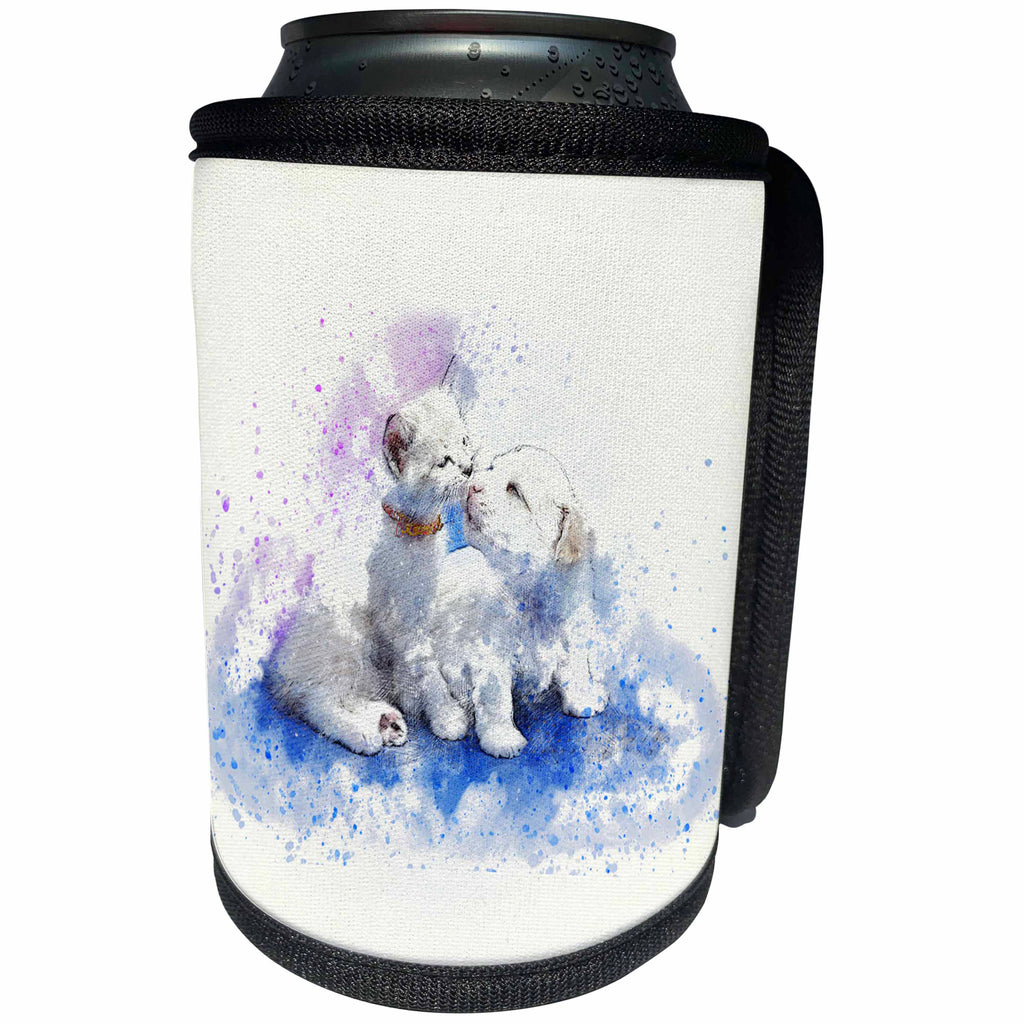3dRose Uta Naumann Watercolor Illustration Animal - Trendy Cute White Fluffy Animal White Cat Dog Watercolor Illustration - Can Cooler Bottle Wrap (cc_272946)