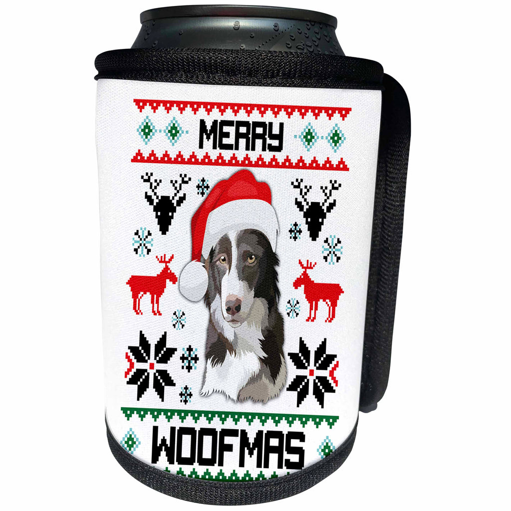 3dRose Carsten Reisinger - Illustrations - Merry Woofmas Border Collie Dog Christmas Gift - Can Cooler Bottle Wrap (cc_272948)