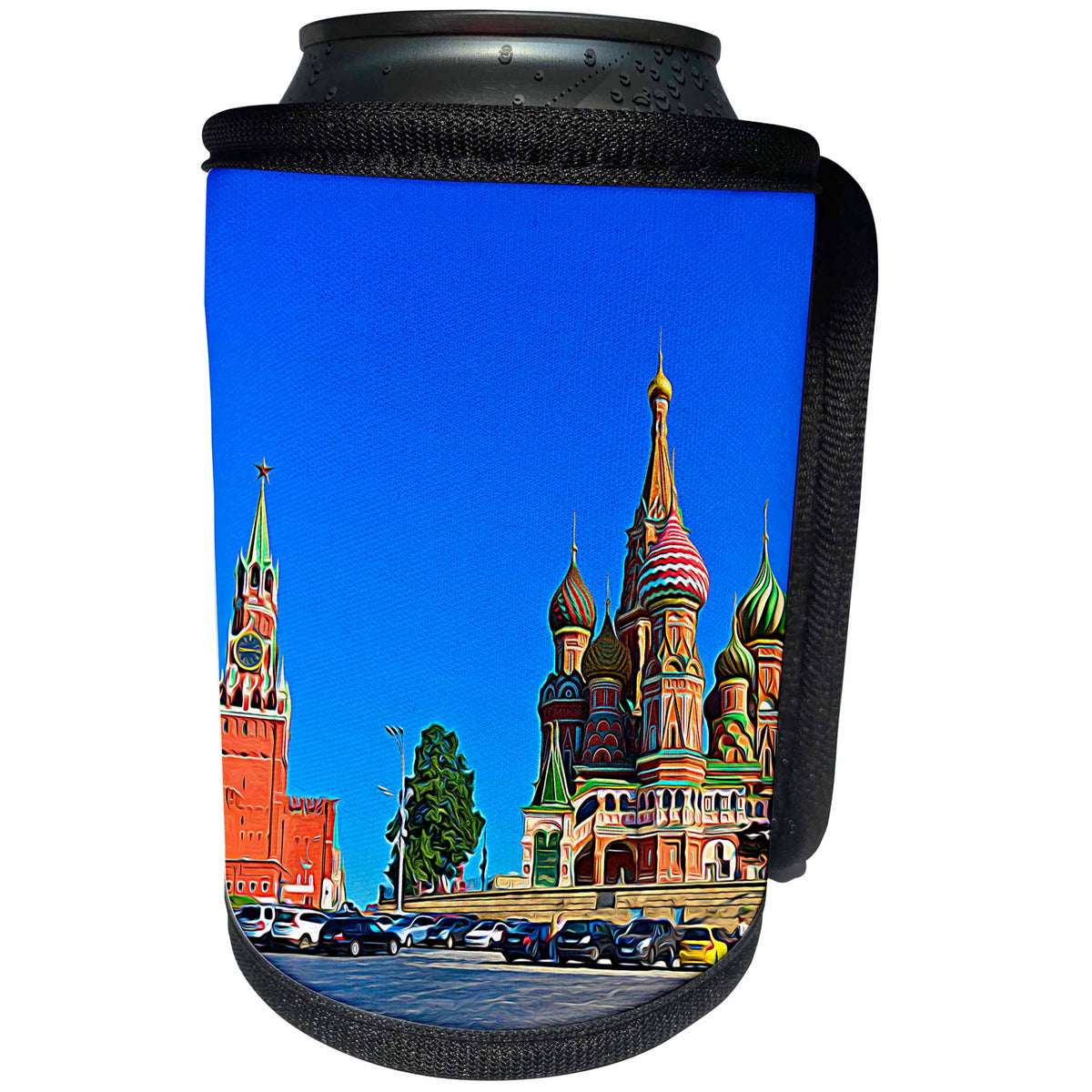 3dRose Alexis Photo-Art - Moscow City 2 - Moscow city art. The Kremlin Spassky tower and St. Basils cathedral - Can Cooler Bottle Wrap (cc_273027)