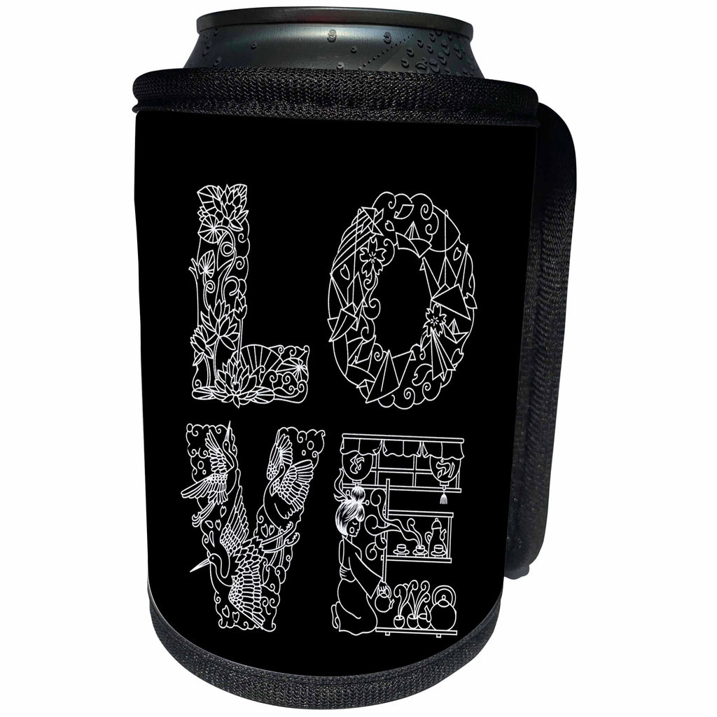 3dRose Alexis Design - Love - LOVE unique Decorative black text on white - Can Cooler Bottle Wrap (cc_273094)