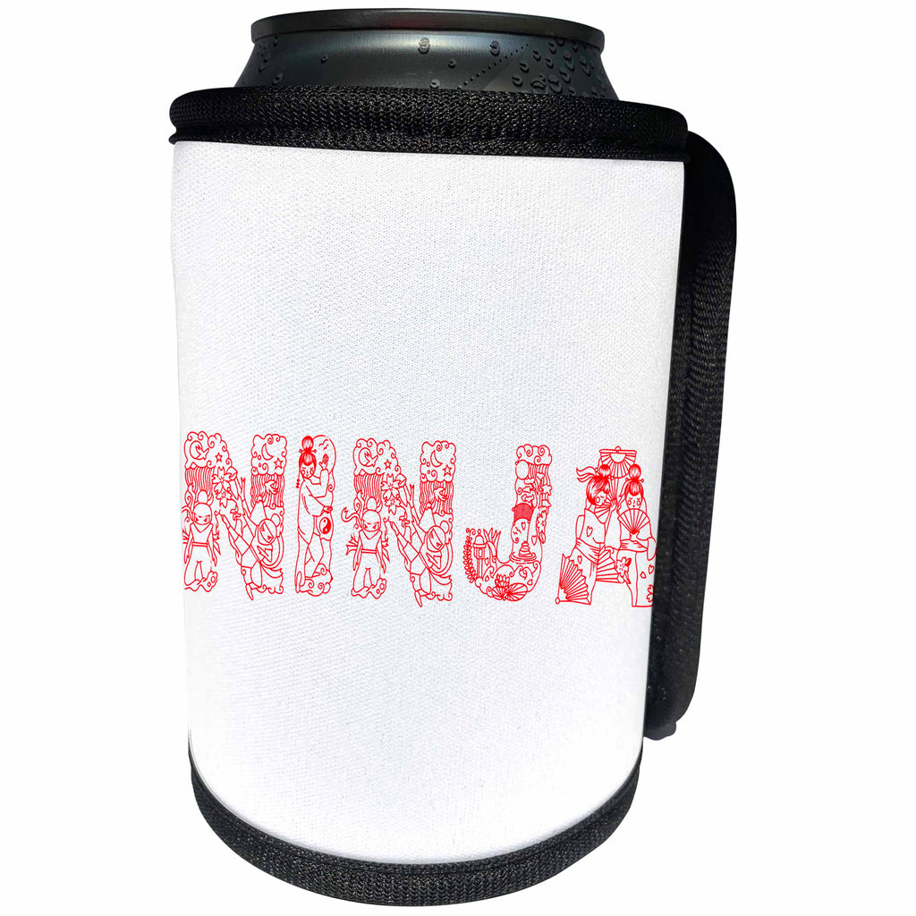 3dRose Alexis Design - Conceptual - NINJA unique Decorative text in line - red on white - Can Cooler Bottle Wrap (cc_273096)