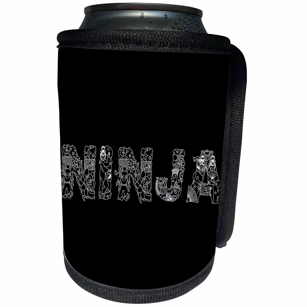 3dRose Alexis Design - Conceptual - NINJA unique Decorative text in line - white on black - Can Cooler Bottle Wrap (cc_273097)