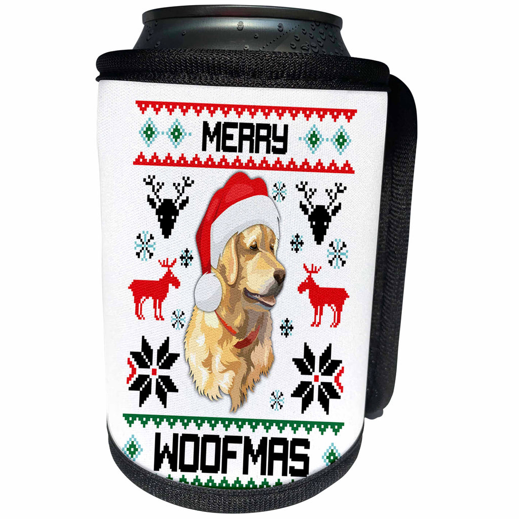 3dRose Carsten Reisinger - Illustrations - Merry Woofmas Golden Retriever Dog Christmas Gift - Can Cooler Bottle Wrap (cc_273105)