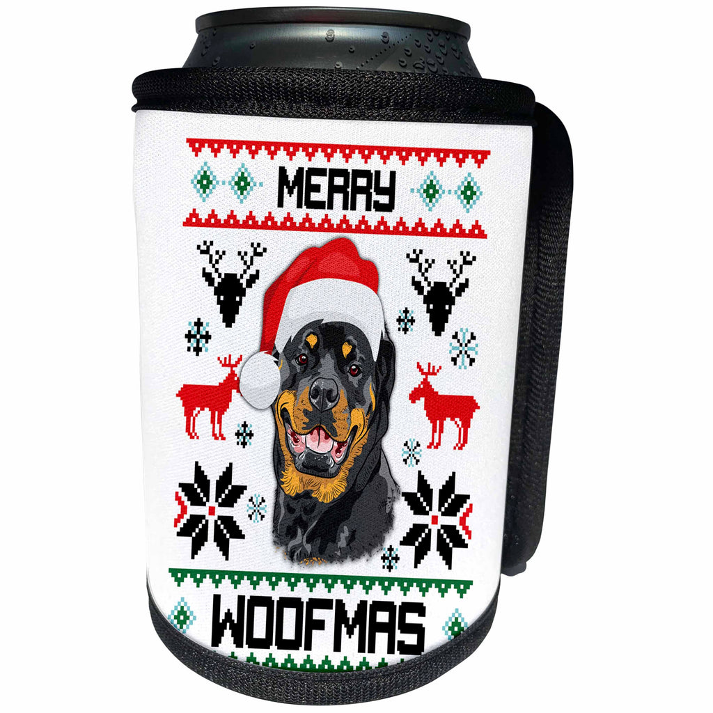 3dRose Carsten Reisinger - Illustrations - Merry Woofmas Rottweiler Dog Christmas Gift - Can Cooler Bottle Wrap (cc_273110)