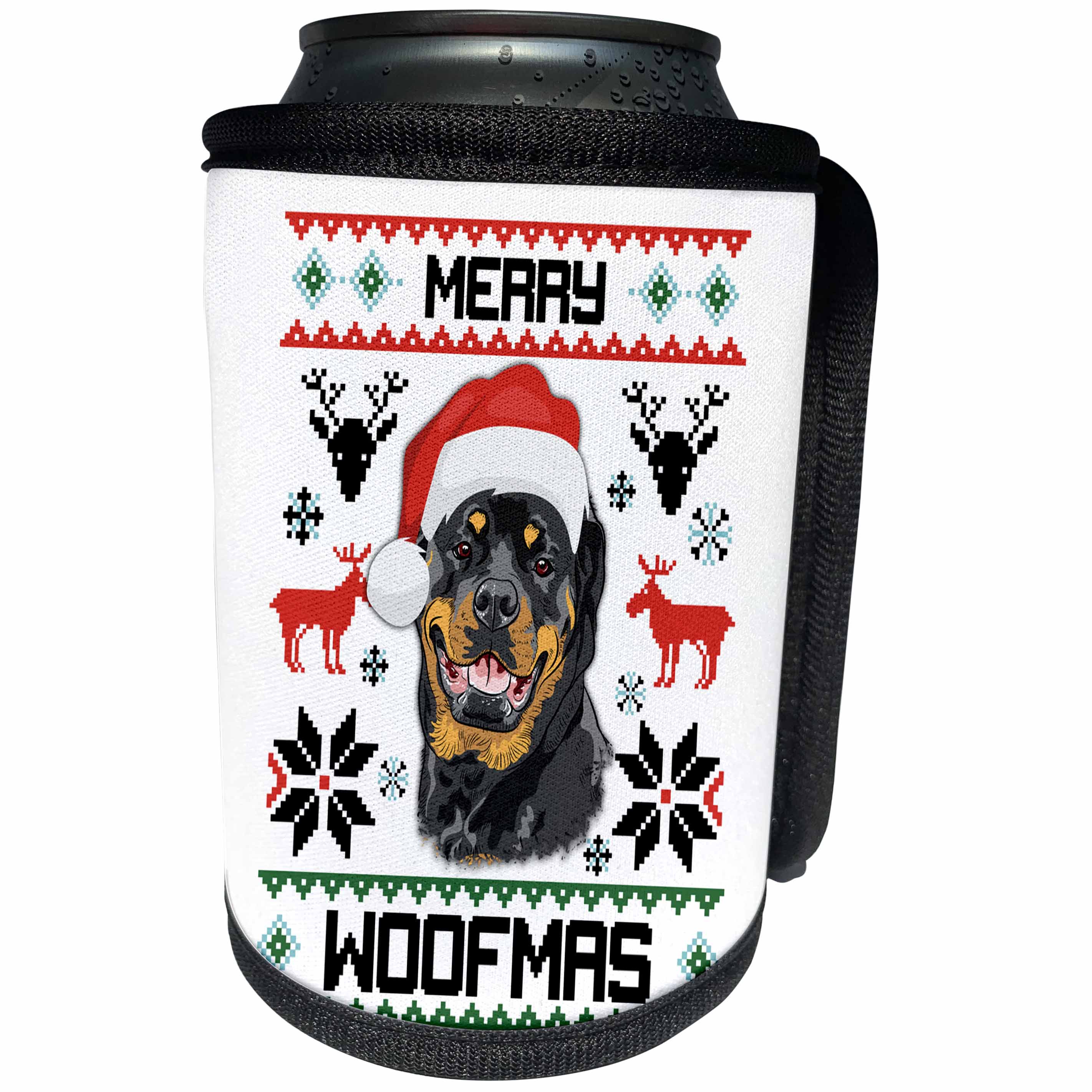 3dRose Carsten Reisinger - Illustrations - Merry Woofmas Rottweiler Dog Christmas Gift - Can Cooler Bottle Wrap (cc_273110)