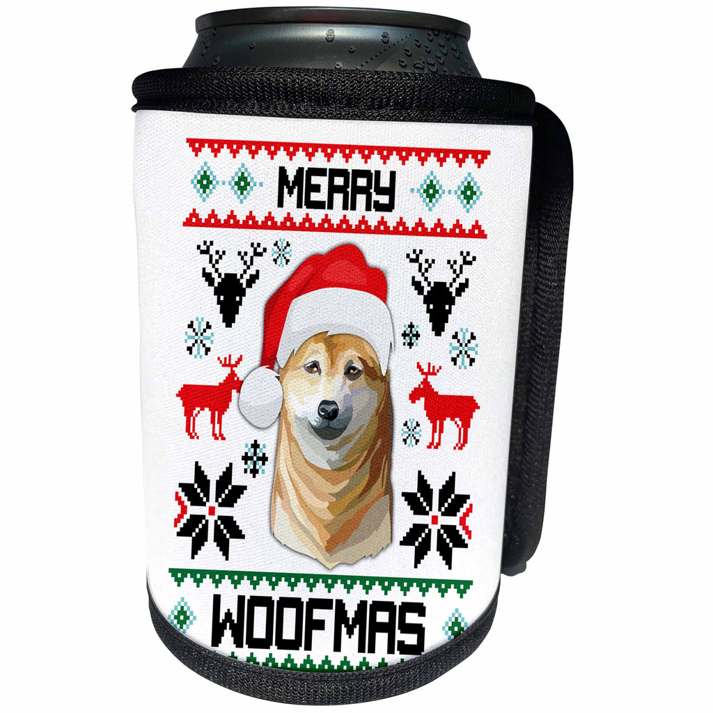 3dRose Carsten Reisinger - Illustrations - Merry Woofmas Shiba Inu Dog Christmas Gift - Can Cooler Bottle Wrap (cc_273111)