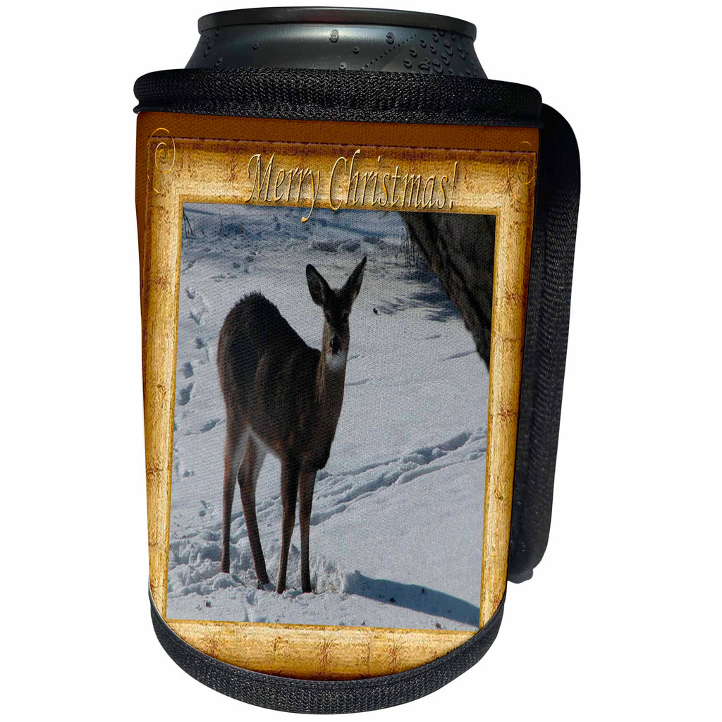 3dRose Beverly Turner Christmas Design and Photography - Deer Standing in Snow Merry Christmas - Can Cooler Bottle Wrap (cc_27316)