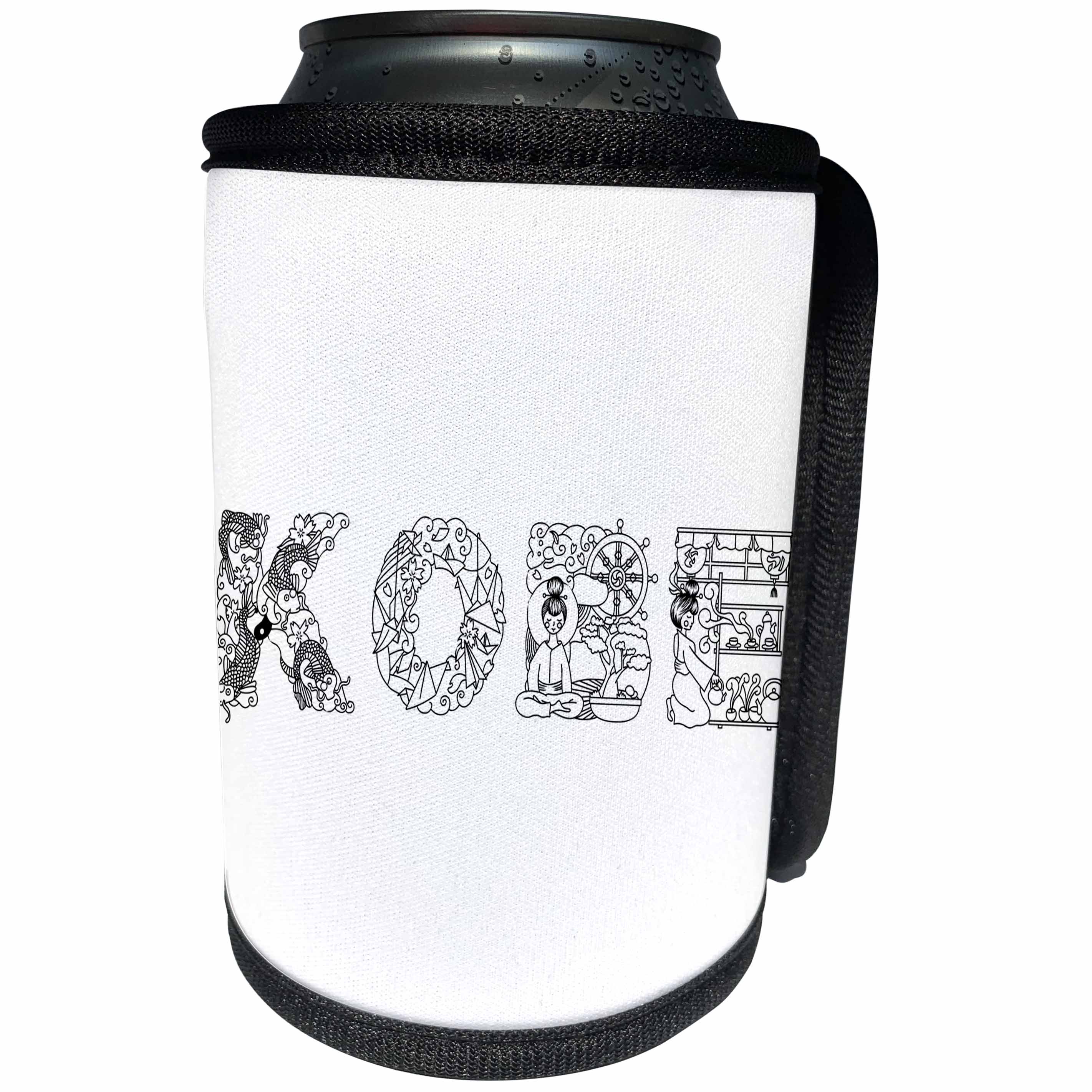 3dRose Alexis Design - Japan - Kobe decorative text - black on white - Can Cooler Bottle Wrap (cc_273164)