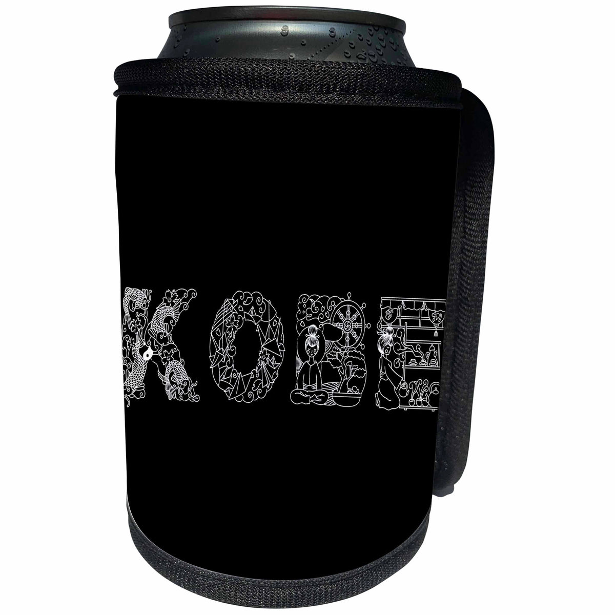 3dRose Alexis Design - Japan - Kobe decorative text - white on black - Can Cooler Bottle Wrap (cc_273165)