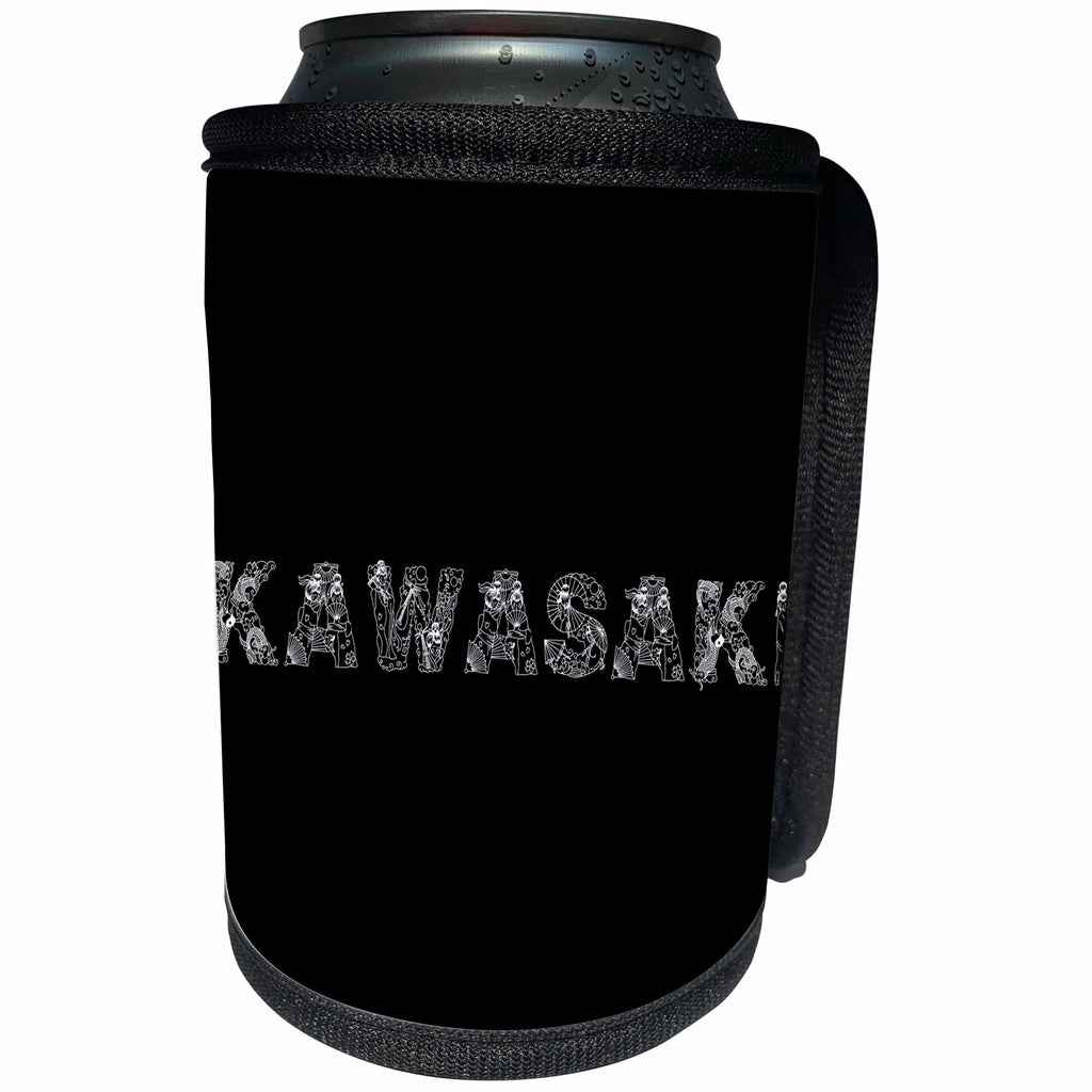 3dRose Alexis Design - Japan - Kawasaki decorative text - white on black - Can Cooler Bottle Wrap (cc_273183)